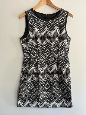 J. Crew Black and Cream IKAT Diamond Pattern Jacquard Sheath Dress Size 10